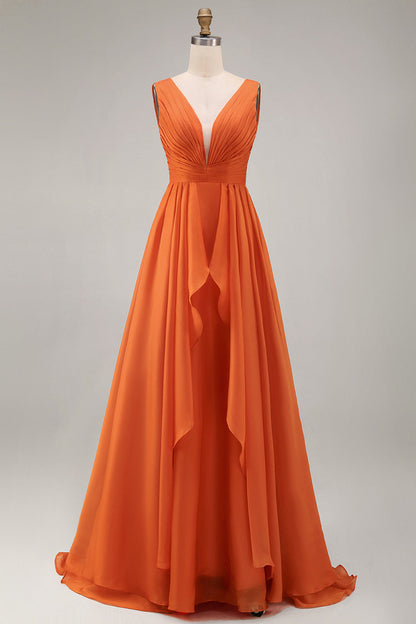 Orange Chiffon Deep V-Neck Long Wedding Guest Dress with Ruffles