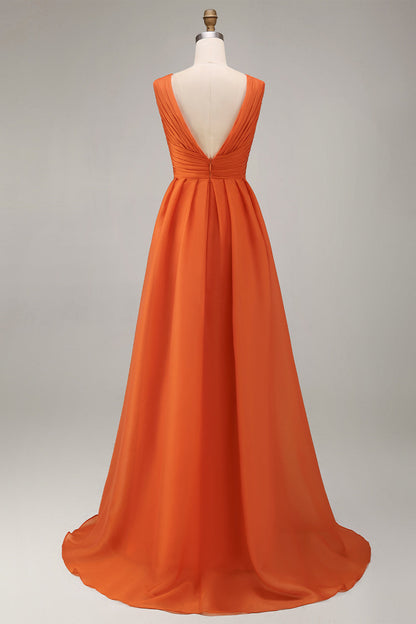 Orange Chiffon Deep V-Neck Long Wedding Guest Dress with Ruffles