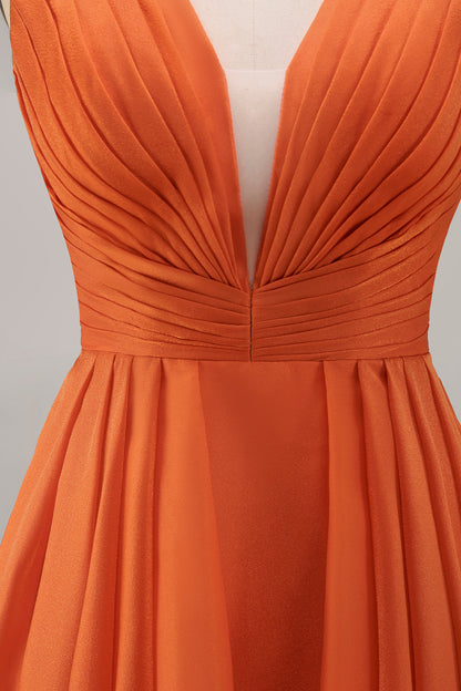 Orange Chiffon Deep V-Neck Long Wedding Guest Dress with Ruffles