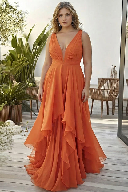 Orange Chiffon Deep V-Neck Long Wedding Guest Dress with Ruffles