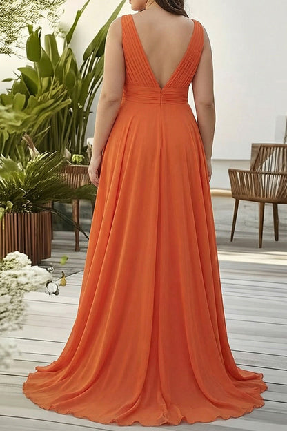 Orange Chiffon Deep V-Neck Long Wedding Guest Dress with Ruffles