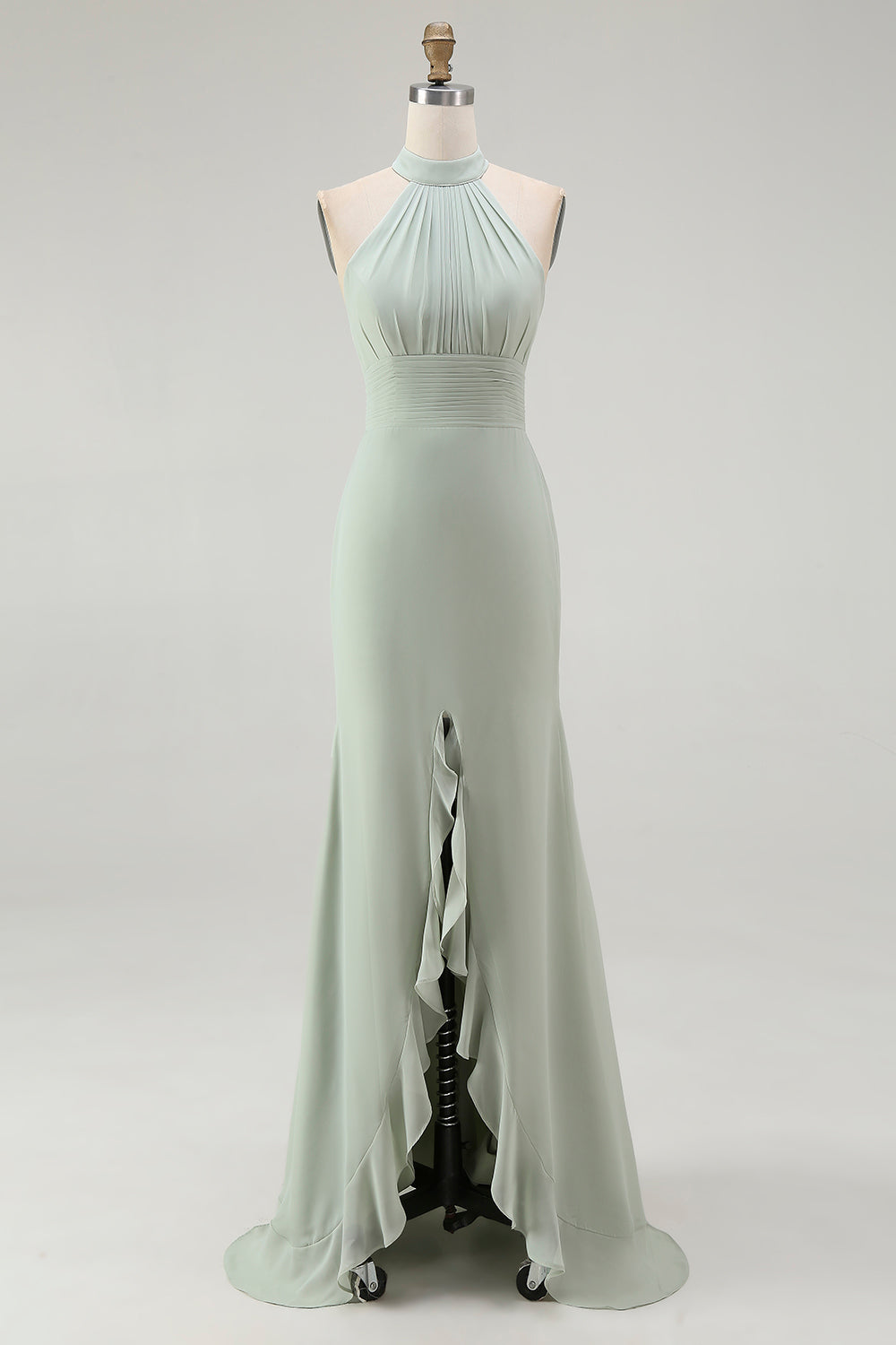 Dusty Sage Sheath Chiffon Halter Long Bridesmaid Dress with Slit