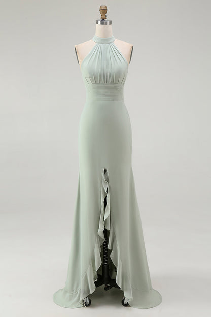 Dusty Sage Sheath Chiffon Halter Long Bridesmaid Dress with Slit