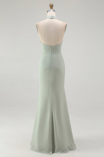 Dusty Sage Sheath Chiffon Halter Long Bridesmaid Dress with Slit