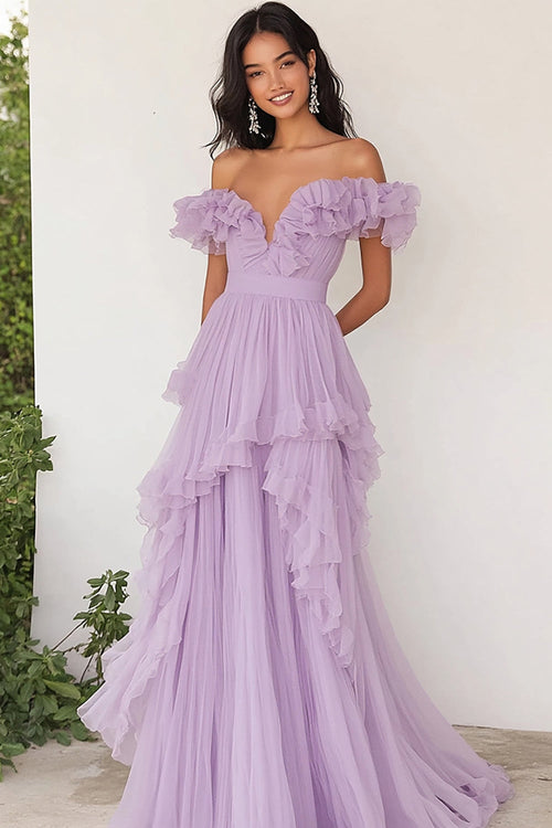 Lilac Chiffon A Line Long Off the Shoulder Prom Dress with Ruffles