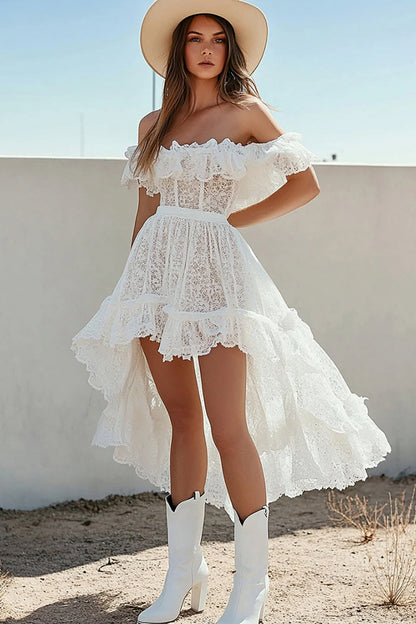 White Lace A Line Boho High-Low Graduation Dress with Ruffles