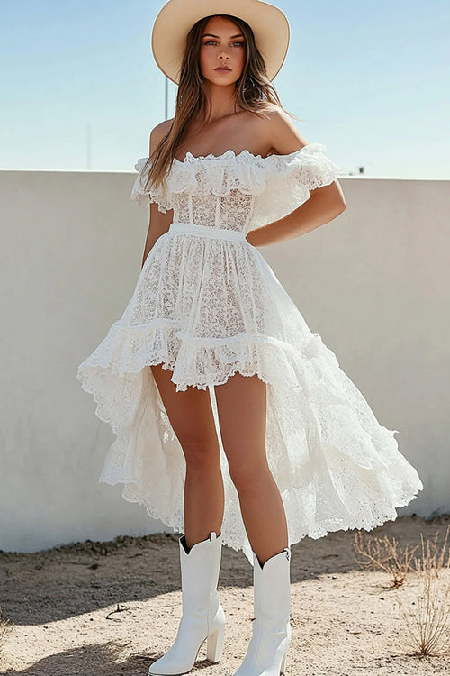 White Lace A Line Boho High-Low Graduation Dress with Ruffles