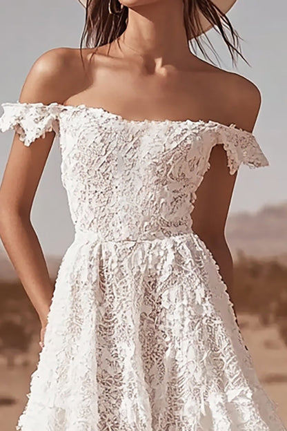 White Lace A Line Off The Shoulder High-Low Boho Maxi Dress with Ruffles