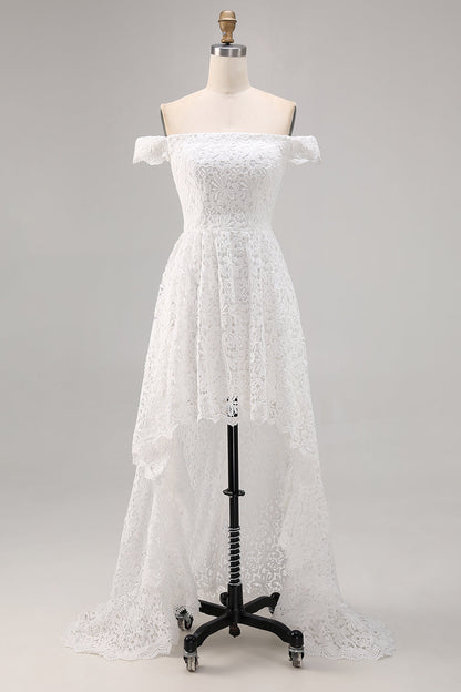 White Off The Shoulder Lace A Line High-Low Boho Maxi Dress