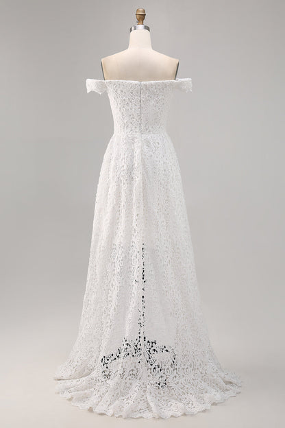 White Off The Shoulder Lace A Line High-Low Boho Maxi Dress