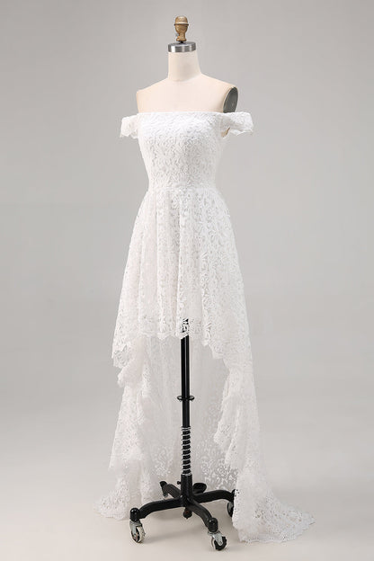 White Off The Shoulder Lace A Line High-Low Boho Maxi Dress