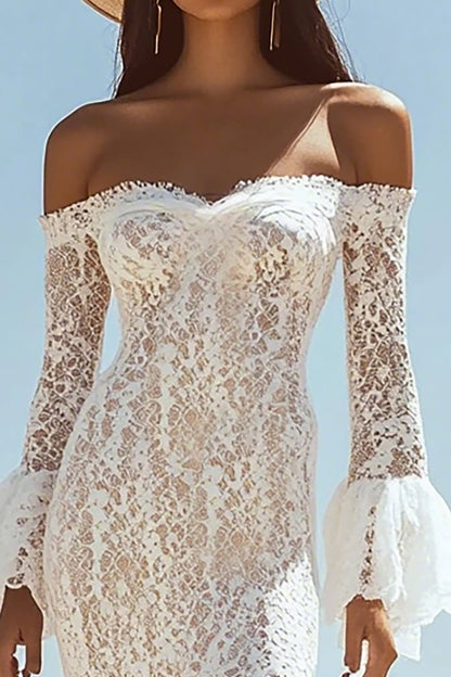 White Lace Off The Shoulder Mermaid Boho Maxi Dress with Sleeves