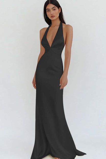 Daffodil Satin Sheath Halter V-Neck Long Prom Dress