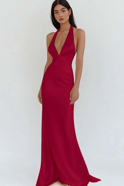Daffodil Satin Sheath Halter V-Neck Long Prom Dress