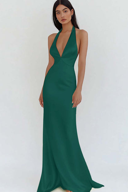 Daffodil Satin Sheath Halter V-Neck Long Prom Dress