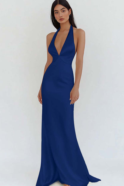 Daffodil Satin Sheath Halter V-Neck Long Prom Dress