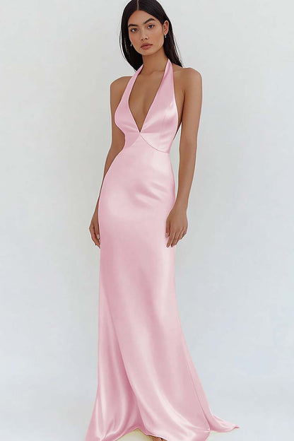 Daffodil Satin Sheath Halter V-Neck Long Prom Dress