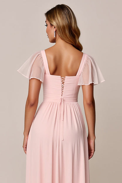 Candy Pink A Line Chiffon Long Bridesmaid Dress with Short Sleeves