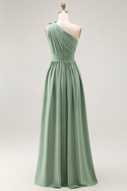 Lilac A Line One Shoulder Ruched Long Bridesmaid Dress with Slit