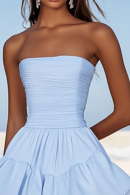 Sky Blue Chiffon Strapless Short Graduation Dress with Ruffles