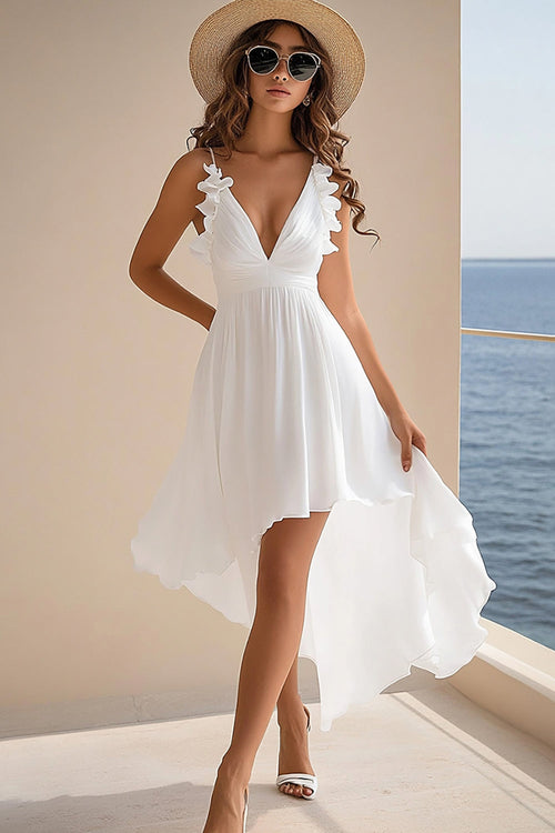White Chiffon A Line Boho High Low Graduation Dress with Ruffles