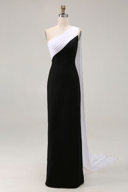 Plus Size Black and White Satin One Shoulder Sheath Long Formal Dress with Side Cape