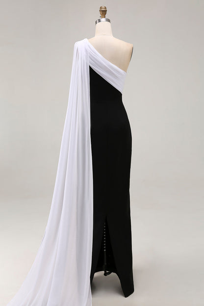 Plus Size Black and White Satin One Shoulder Sheath Long Formal Dress with Side Cape