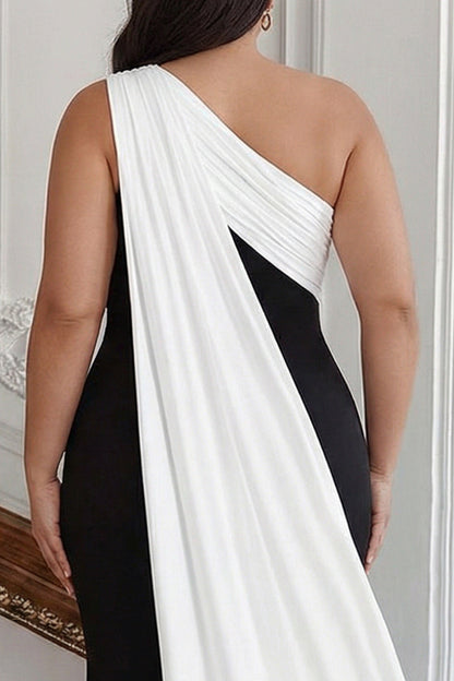 Plus Size Black and White Satin One Shoulder Sheath Long Formal Dress with Side Cape