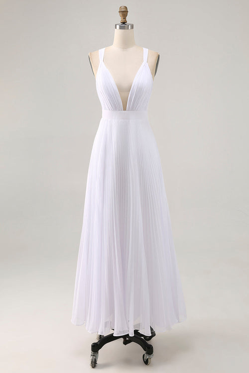 White Chiffon A Line V Neck Long Engagement Dress with Pleats