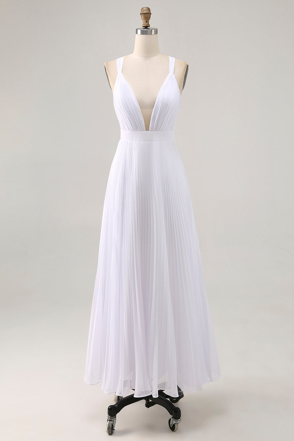 White A Line Chiffon V Neck Long Engagement Dress with Pleats