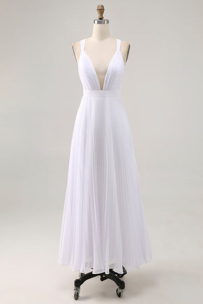 White A Line Chiffon V Neck Long Engagement Dress with Pleats