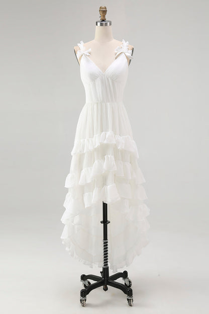 Ivory A Line Tiered Ruffled V-Neck High-Low Western Wedding Dress