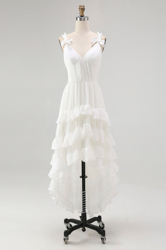 Ivory Tiered Ruffled A Line V-Neck High-Low Western Wedding Dress