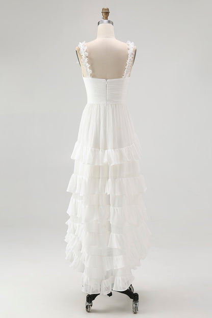 Ivory A Line Tiered Ruffled V-Neck High-Low Western Wedding Dress
