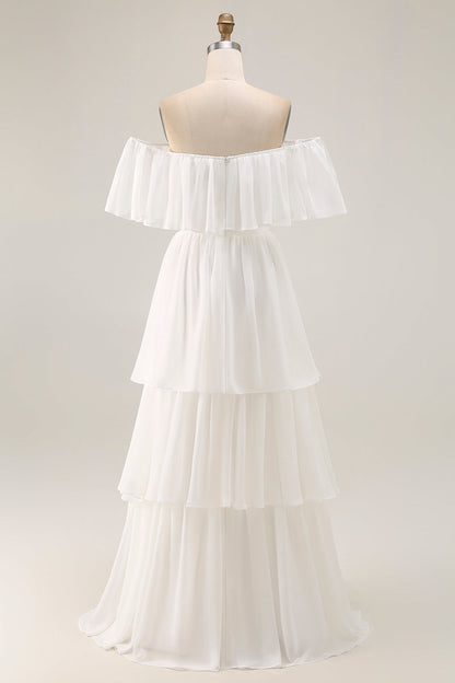 White Chiffon Off the Shoulder Tiered Boho Sweep Train Wedding Dress