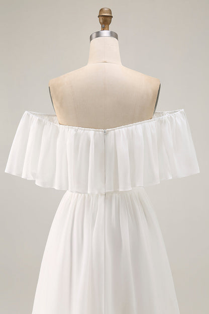 White Chiffon Off the Shoulder Tiered Boho Sweep Train Wedding Dress