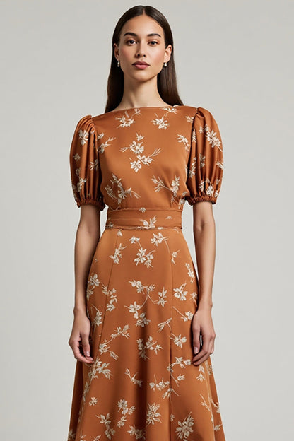 Orange Floral Printed Bateau Neck Maxi Work Dress with Sleeves