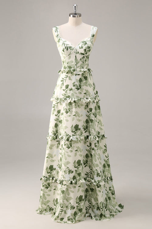 Green Floral Corset Satin Long Wedding Guest Dress with Ruffles