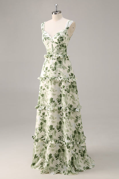 Green Floral Corset Satin Long Wedding Guest Dress with Ruffles