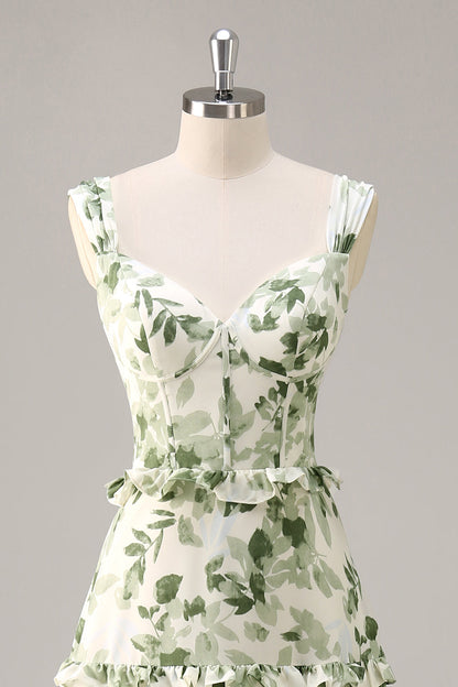 Green Floral Corset Satin Long Wedding Guest Dress with Ruffles