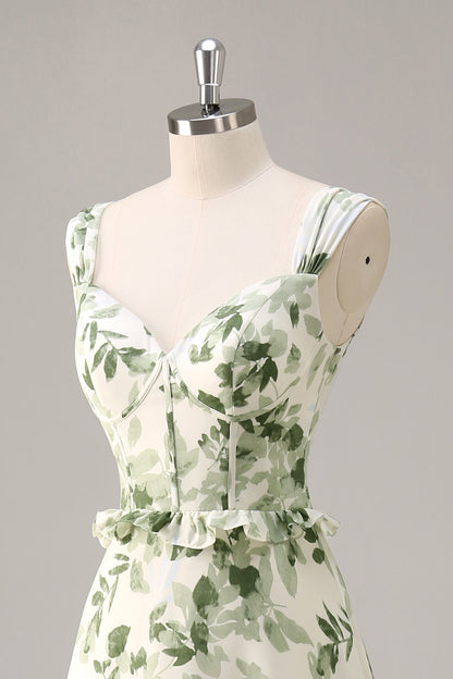 Green Floral Corset Satin Long Wedding Guest Dress with Ruffles