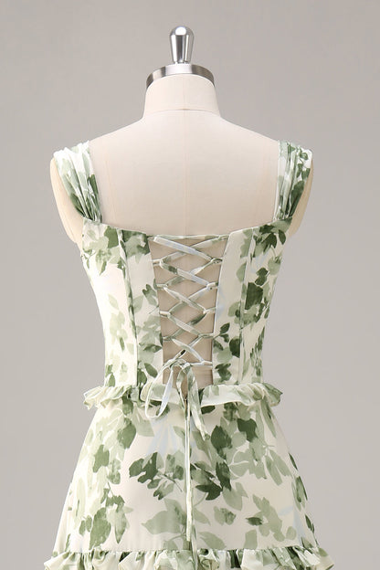 Green Floral Corset Satin Long Wedding Guest Dress with Ruffles