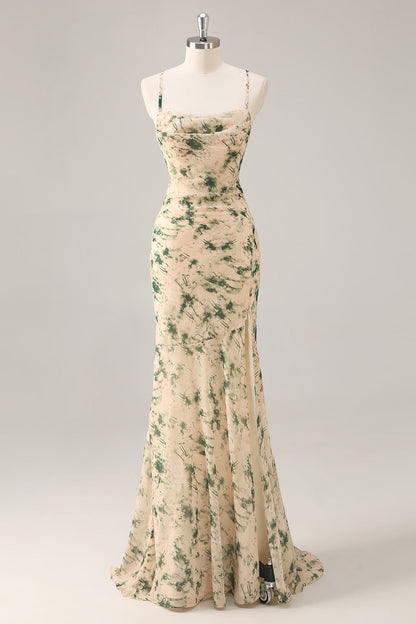 Champagne Mermaid Floral Ruched Long Wedding Guest Dress with Slit
