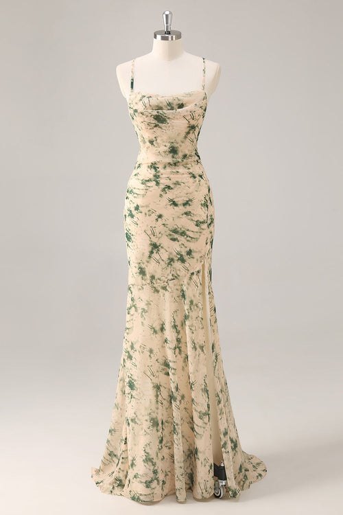 Champagne Mermaid Floral Ruched Long Wedding Guest Dress with Slit