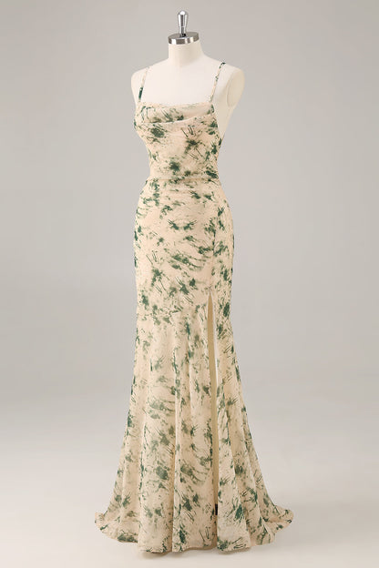 Champagne Mermaid Floral Ruched Long Wedding Guest Dress with Slit