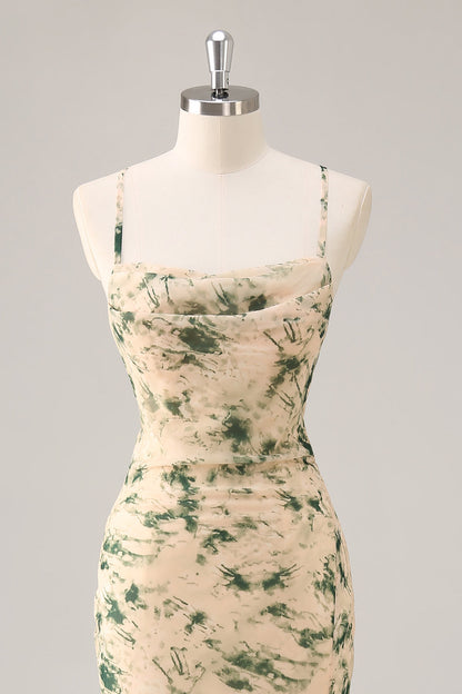 Champagne Mermaid Floral Ruched Long Wedding Guest Dress with Slit