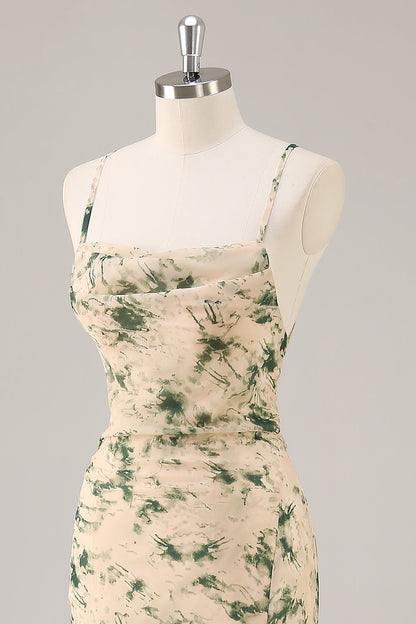 Champagne Mermaid Floral Ruched Long Wedding Guest Dress with Slit