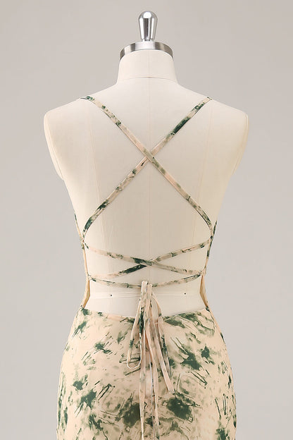 Champagne Mermaid Floral Ruched Long Wedding Guest Dress with Slit