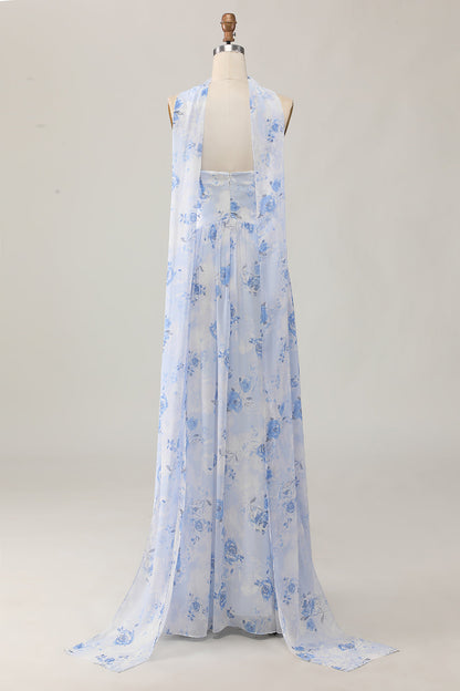 Blue Corset Floral Neck Scarf Long Wedding Guest Dress with Slit