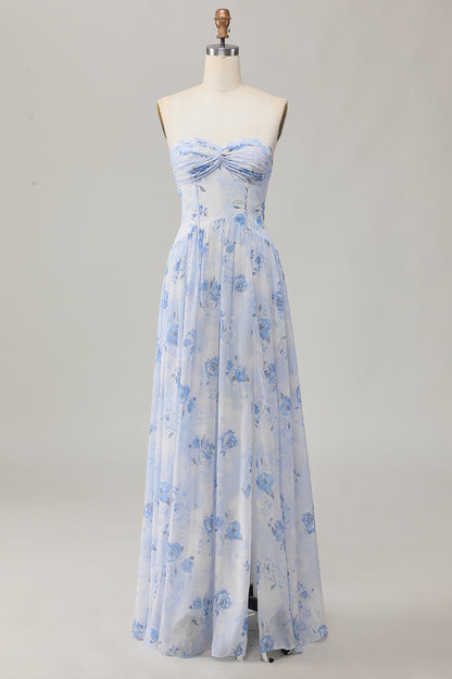 Blue Corset Floral Neck Scarf Long Wedding Guest Dress with Slit